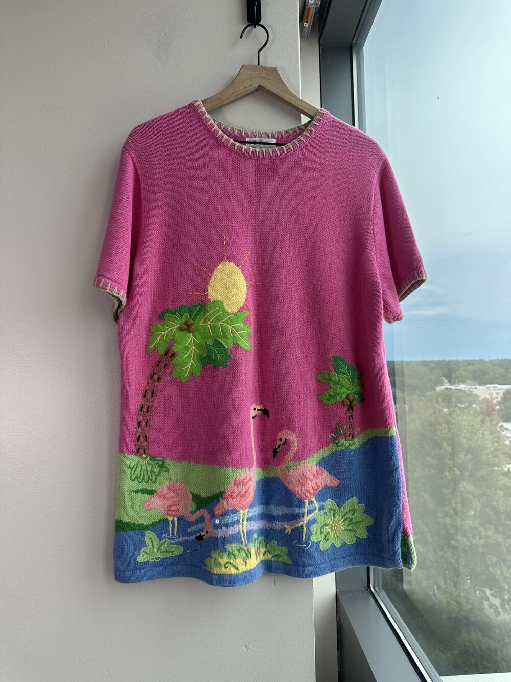 Vintage Quacker Factory Summer Flamingo Pink Short Sleeve Tunic Sweater Sz L